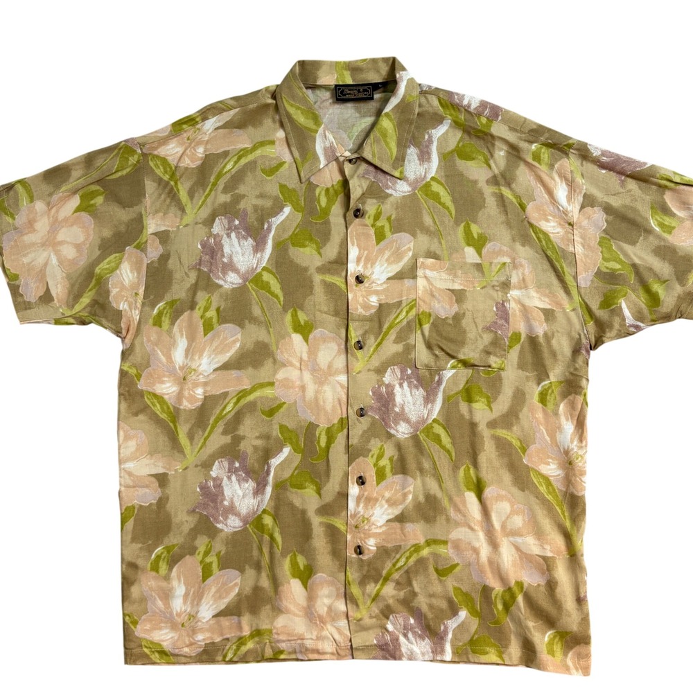 Monzini Collection Moda Italy Men L Floral Rayon Button Down Shirt Tan Green